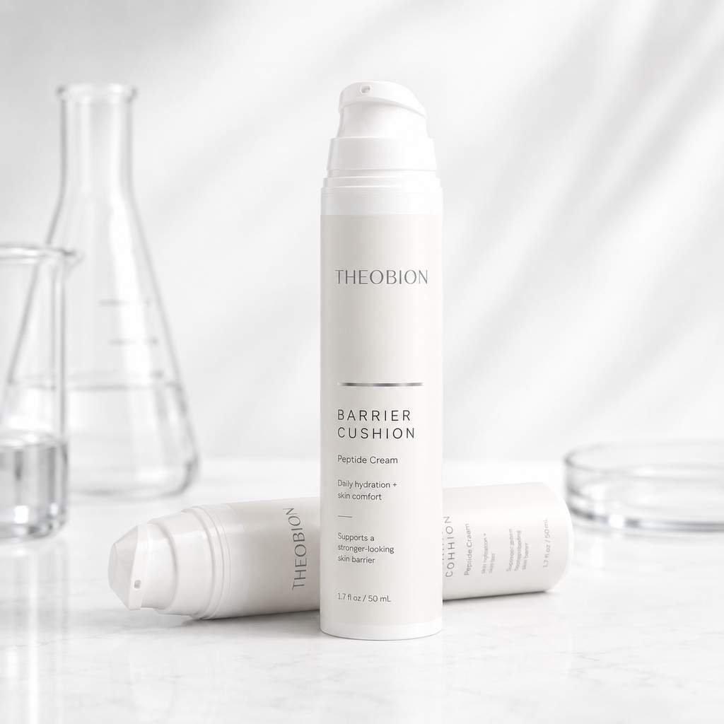 A white pump bottle of THEOBION Barrier Cushion Peptide Cream stands upright on a light marble surface, with two additional bottles lying horizontally in the foreground and blurred glassware in the background.