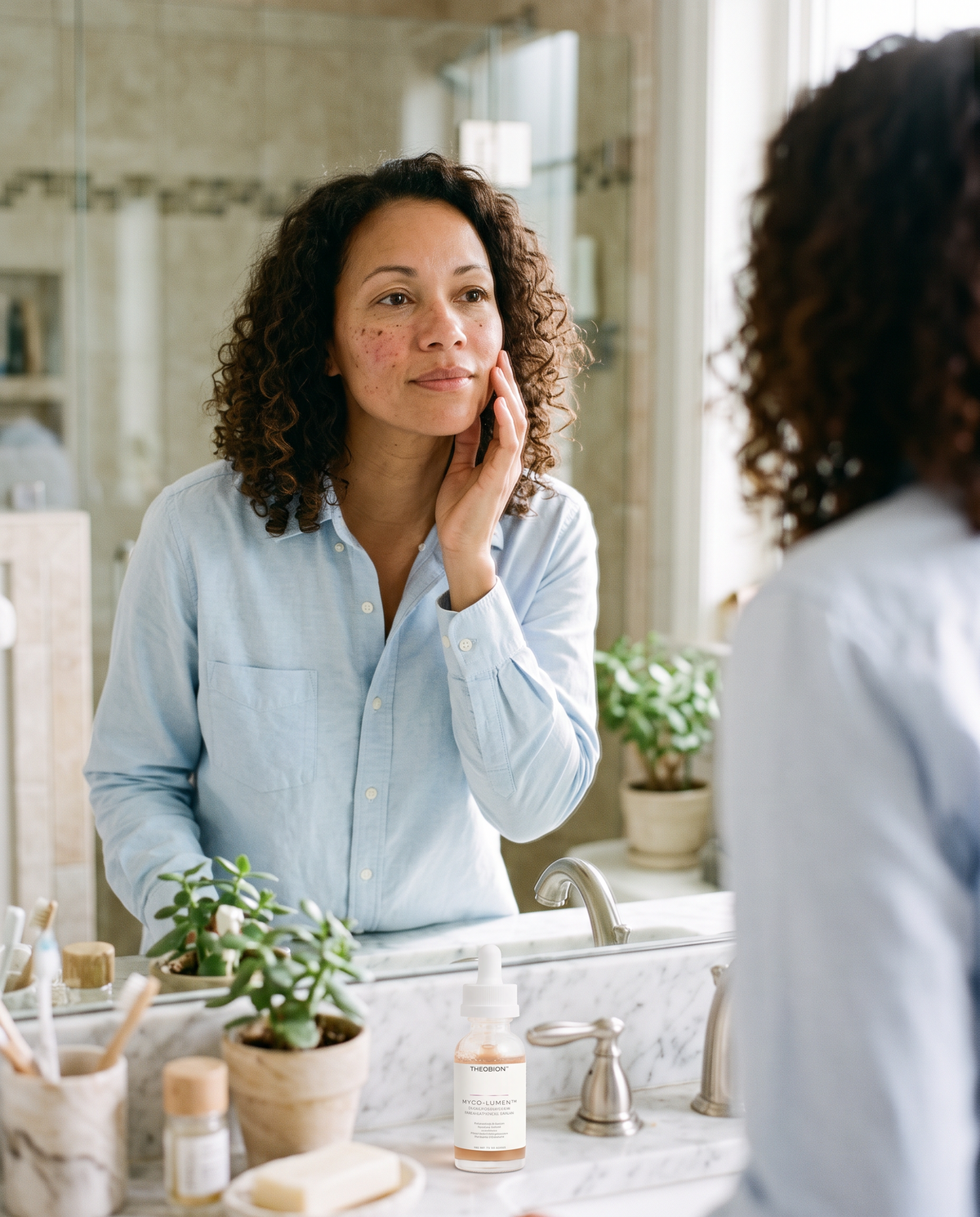 Woman with sensitive skin gently touching her cheek at the mirror
