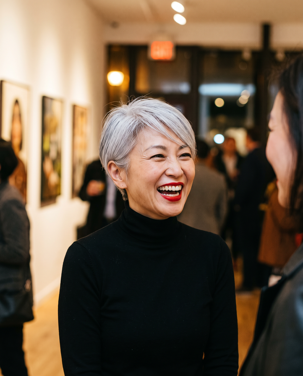 Woman with a silver pixie cut laughing