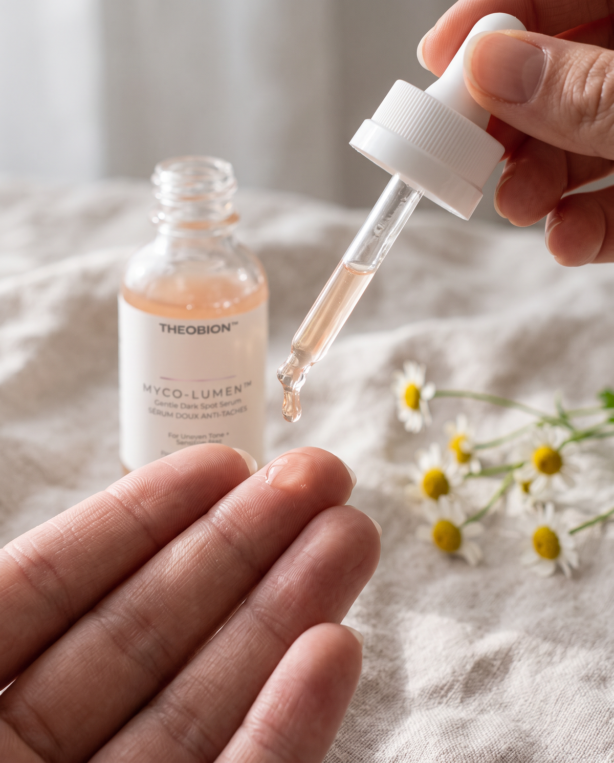 Drop of MYCO-LUMEN Gentle Dark Spot Serum on fingertips