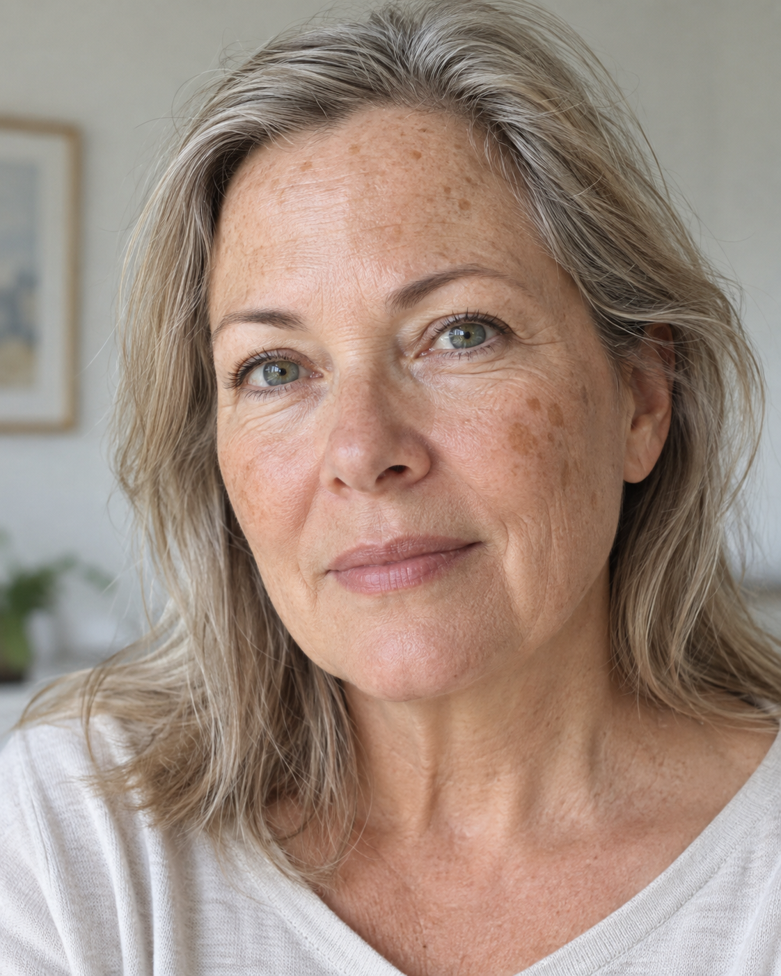Woman in her 50s with natural freckles and age spots on her cheeks