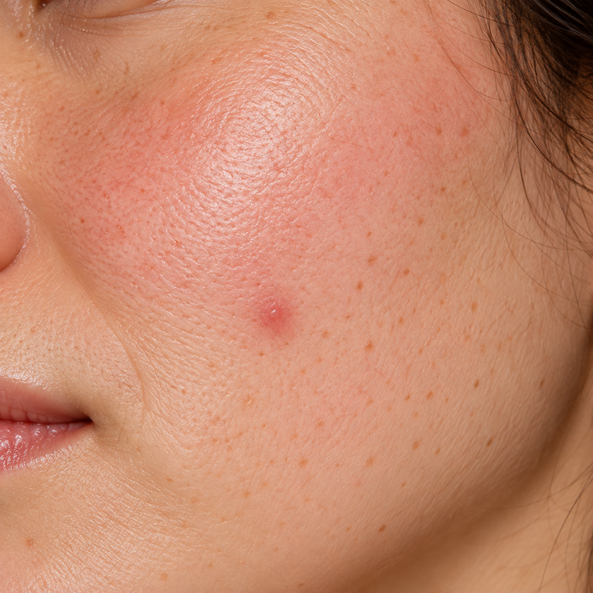 Man pressing serum onto his cheek at the mirror