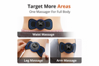 Massage device targeting waist, leg, and arm areas with text on a white background