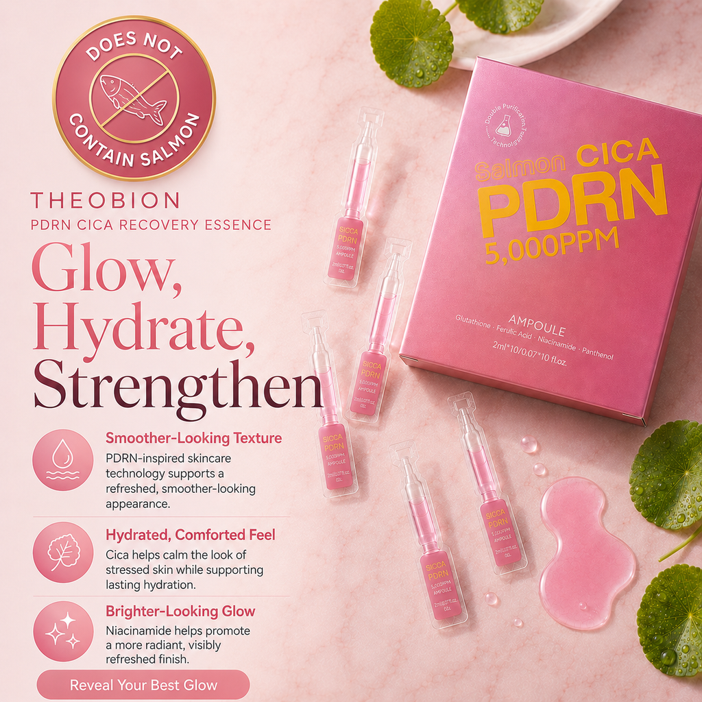 Theobion PDRN CICA recovery essence packaging with ampoules on a pink background