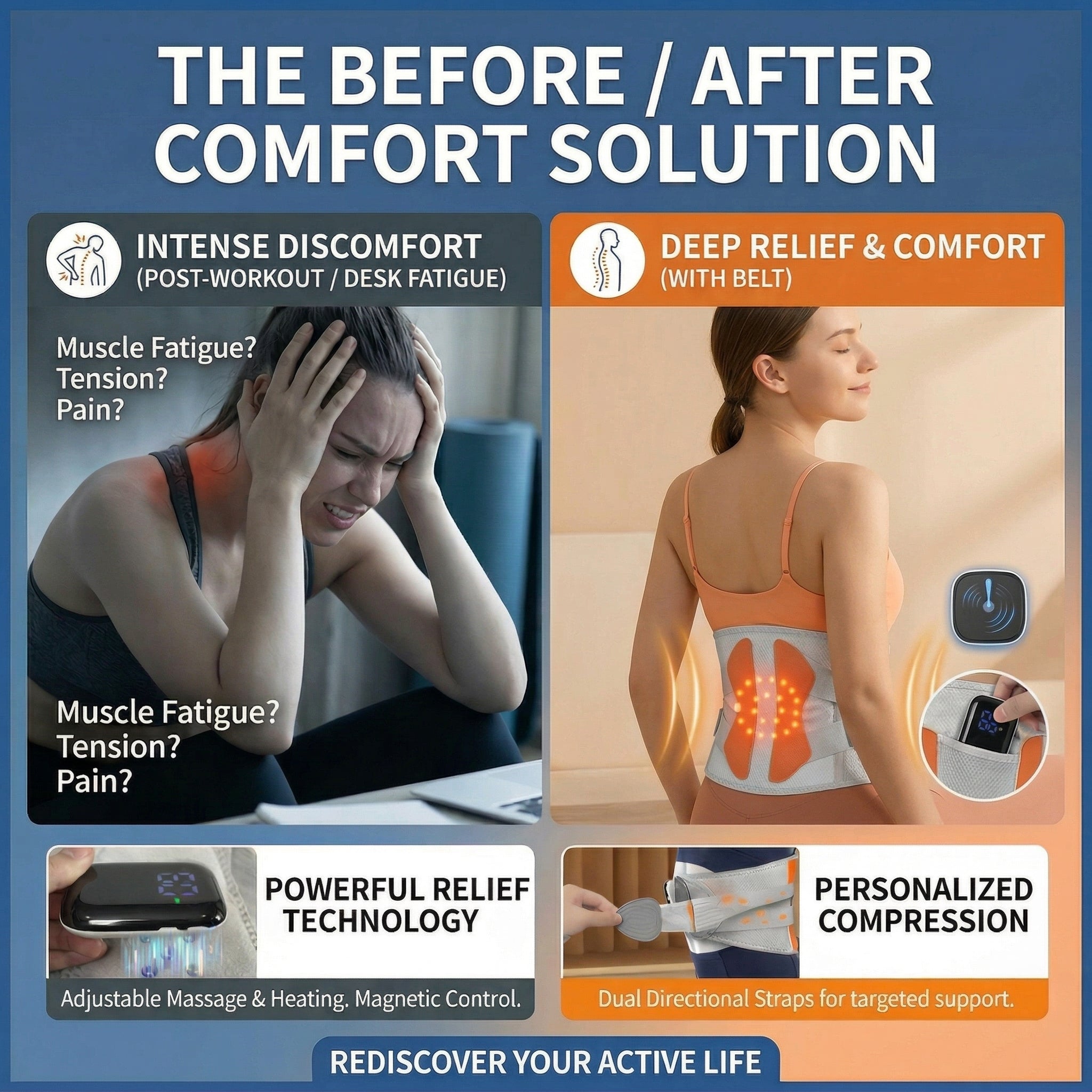 Before and after comfort solution advertisement with a woman experiencing discomfort and relief.