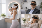 Collage of a woman, man, and woman wearing eye masks in different settings.