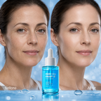 Before and after comparison of a woman's face with a bottle of skincare product in the center.