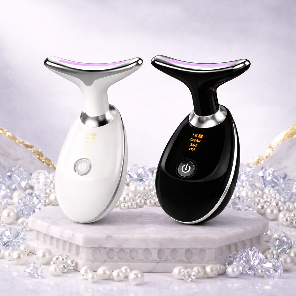 Two skin care devices, one white and one black, on a decorative stand with pearls.