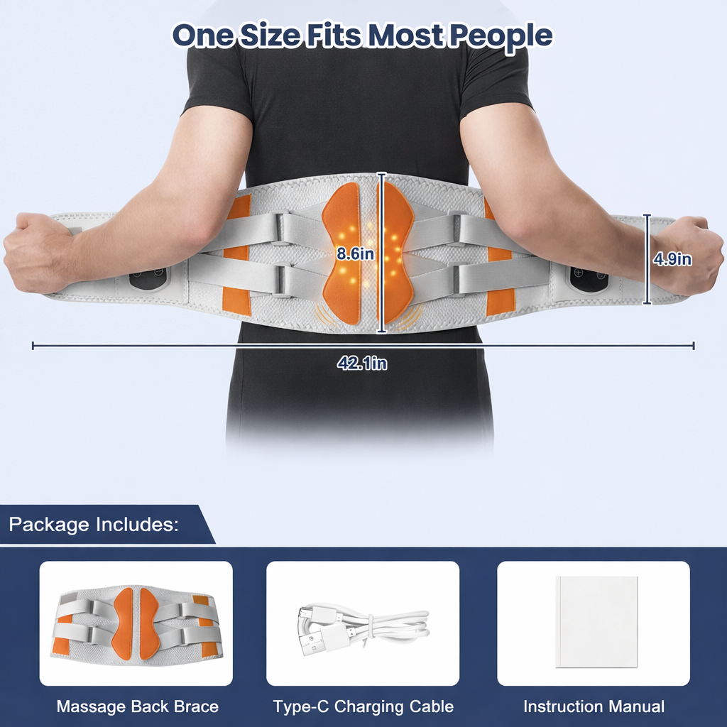 Massage back brace with measurements and package contents on a light blue background