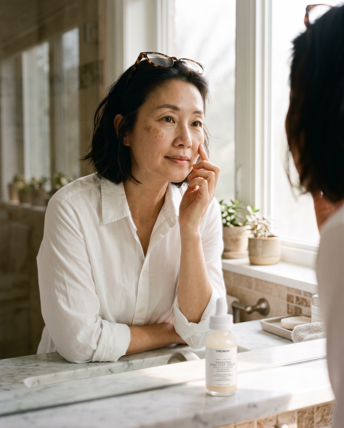 Woman in her 40s touching a dark spot on her cheek at the bathroom mirror