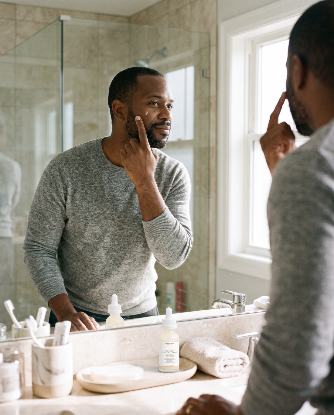 Man in his 40s dabbing serum onto his cheekbone at the bathroom mirror