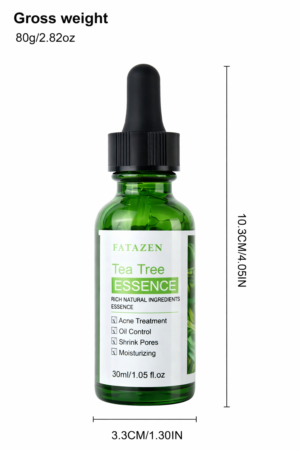 Green bottle of Fatazen Tea Tree Essence with dropper on a white background