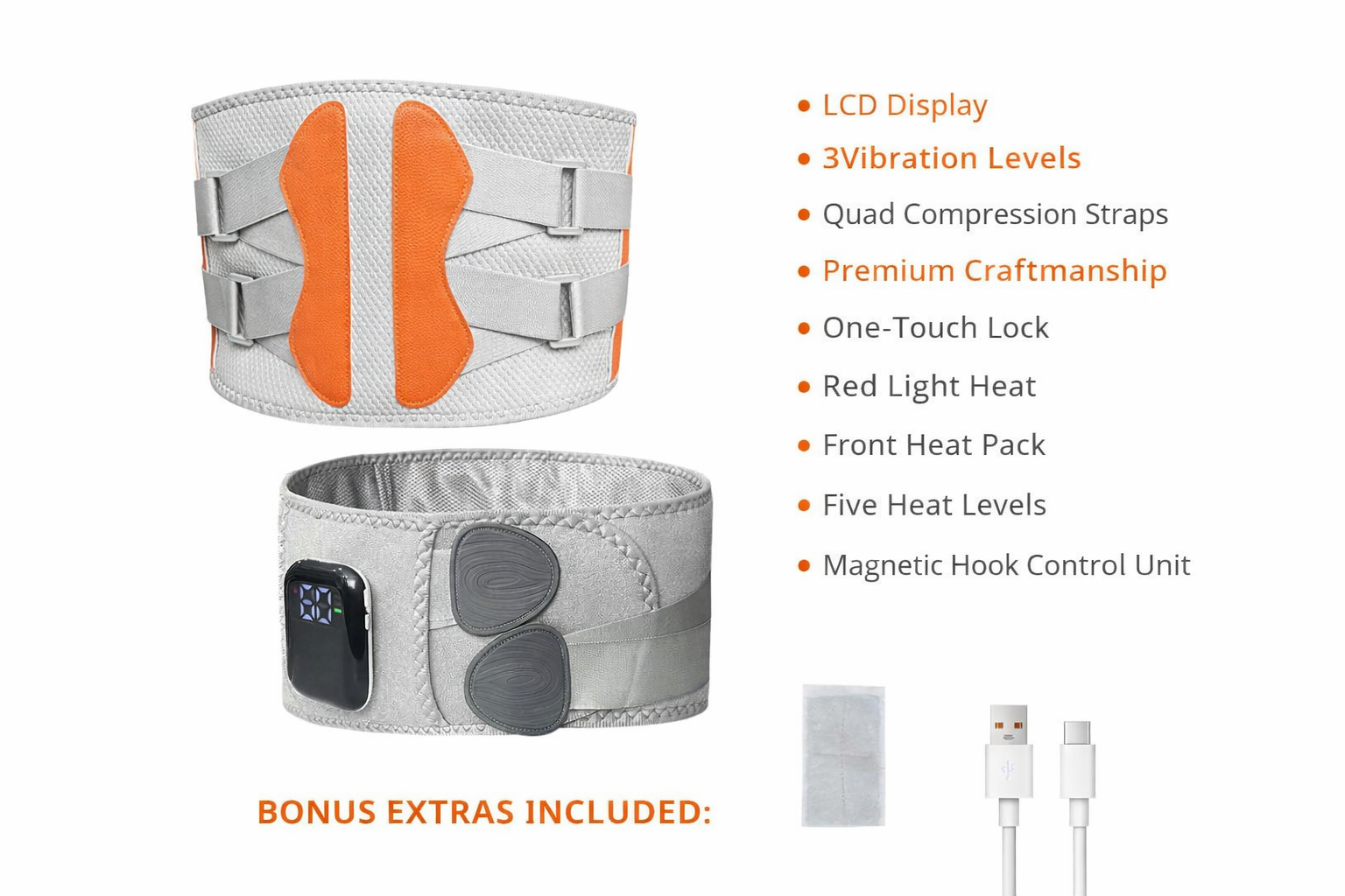 Electronic waistband with features listed on a white background