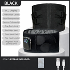 Black orthopedic support belt with additional features listed on a white background