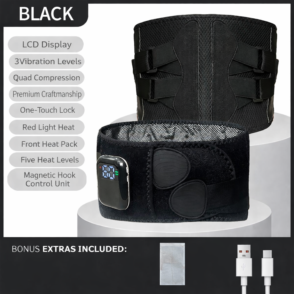 Black orthopedic support belt with additional features listed on a white background