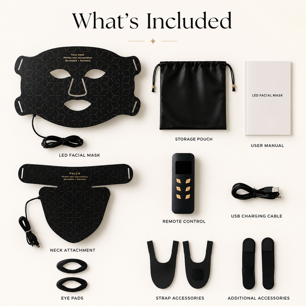 List of included items for a LED facial mask system on a white background