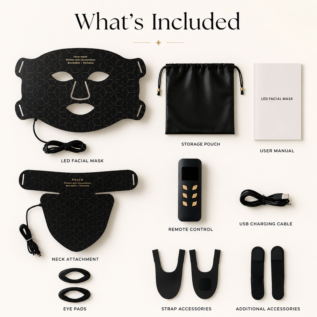 List of included items for a LED facial mask system on a white background