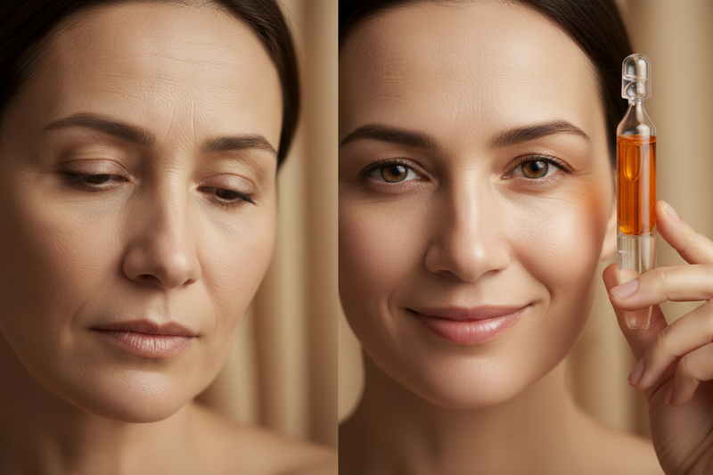 Woman holding correct astaxanthin ampoule - before and after